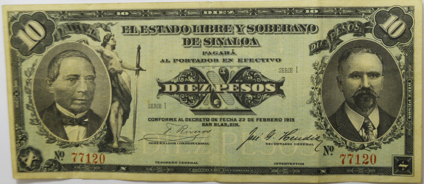 1915 Mexico Revolutionary Sinaloa 10 Ten Pesos Green Large Note 77120