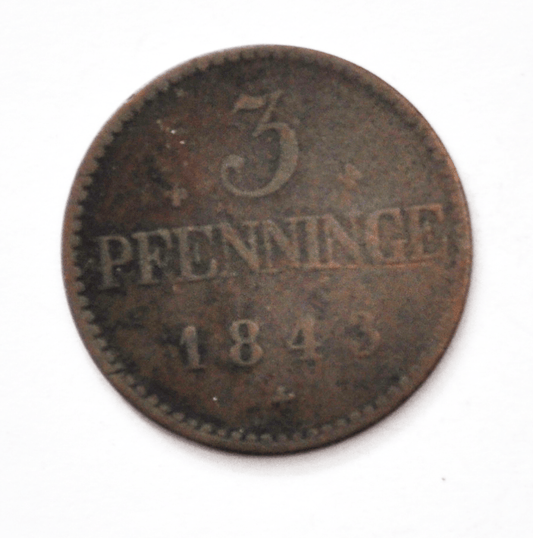 1843 German States Mecklenberg Schwerin 3 Pfennig KM# 299 Low Mintage 88,742