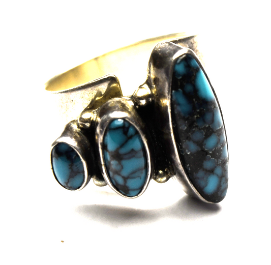 Sterling Triple Dark Blue Turquoise Black Matrix Adjustable Ring 18mm Size 9