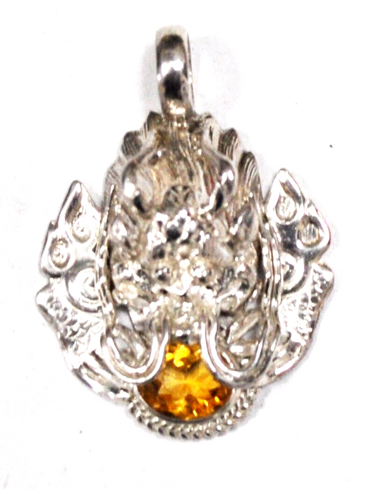 Sterling Silver PTI Nepal Citrine in Dragon's Mouth Pendant 41mm x 29mm