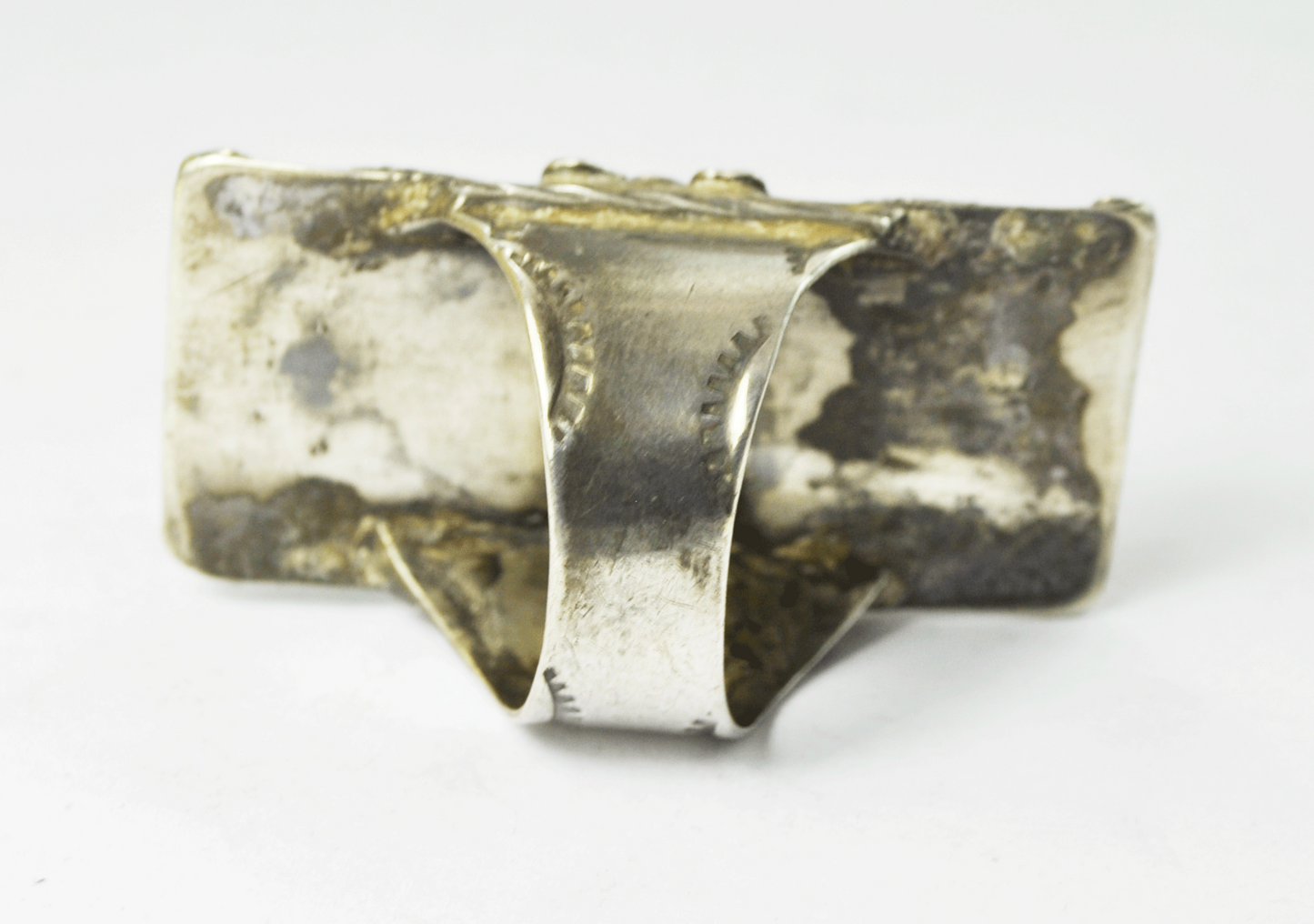 900 Fine Silver Turquoise Coral Shield Elongated Ring Floral Overlay 47mm Sz 9