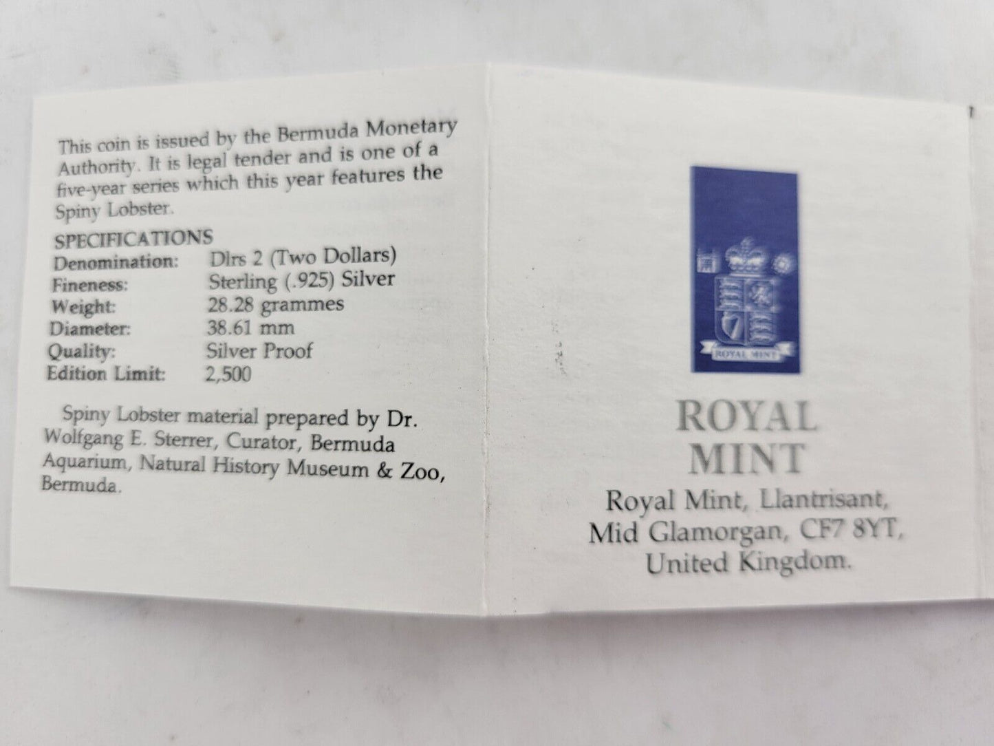 1991 Bermuda Lobster Silver Proof Two Dollar Royal Mint Boxed w/Cert