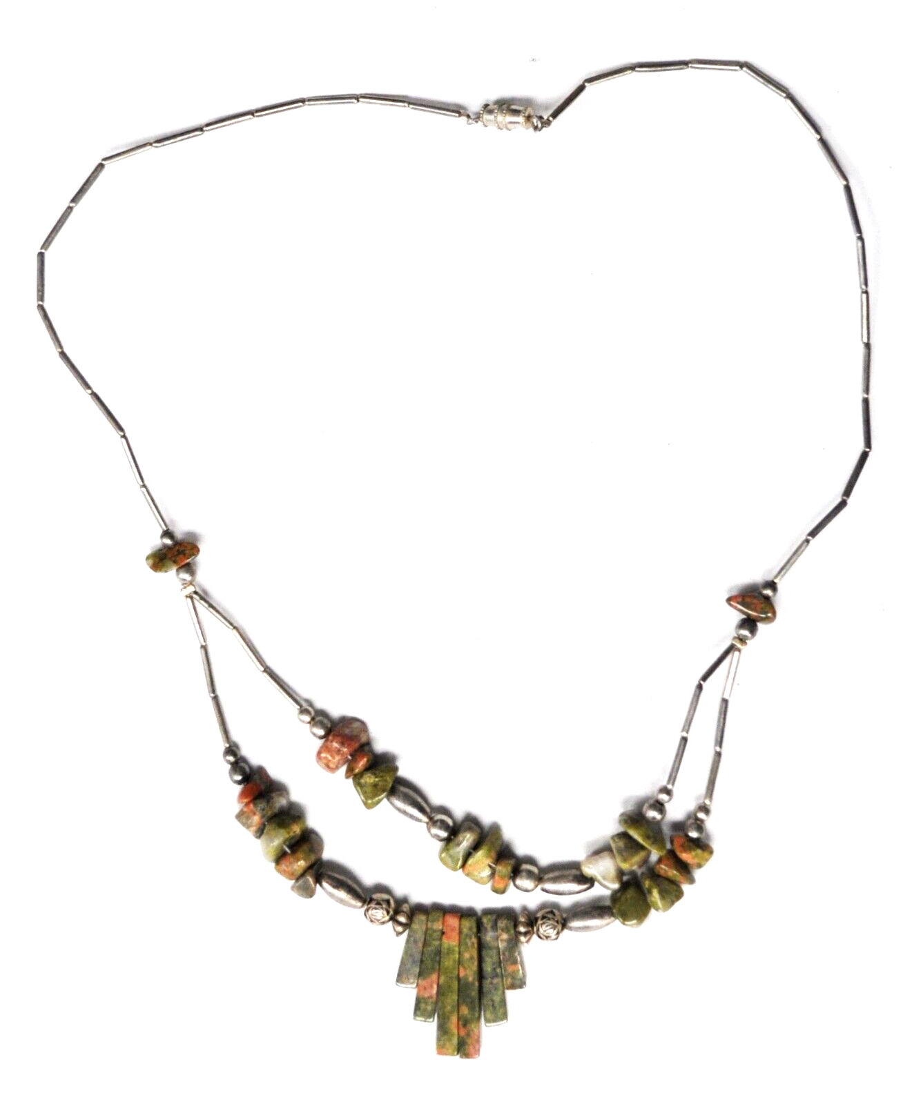 Silver Plated 26mm Unakite Piano Key Bead Necklace 2 Tier 19" Necklace