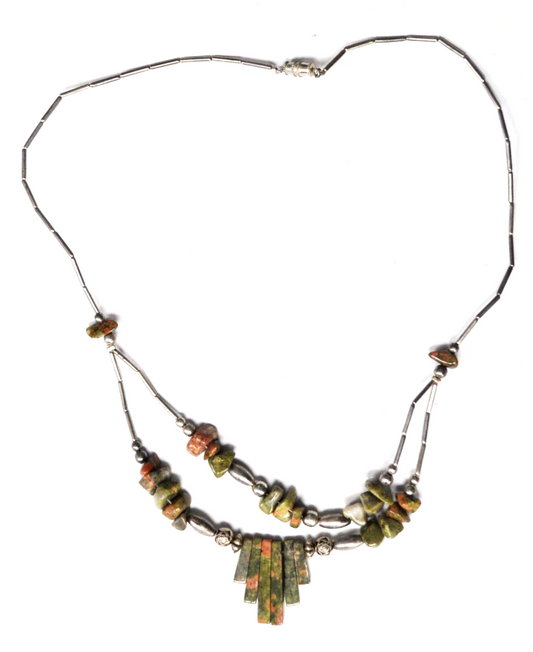 Silver Plated 26mm Unakite Piano Key Bead Necklace 2 Tier 19" Necklace