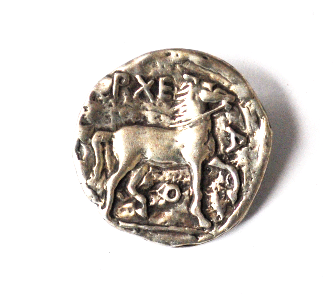 Sterling RW Ancient Coin Horse Round Brooch Pin Macedonian Didrachm 413-399 BC