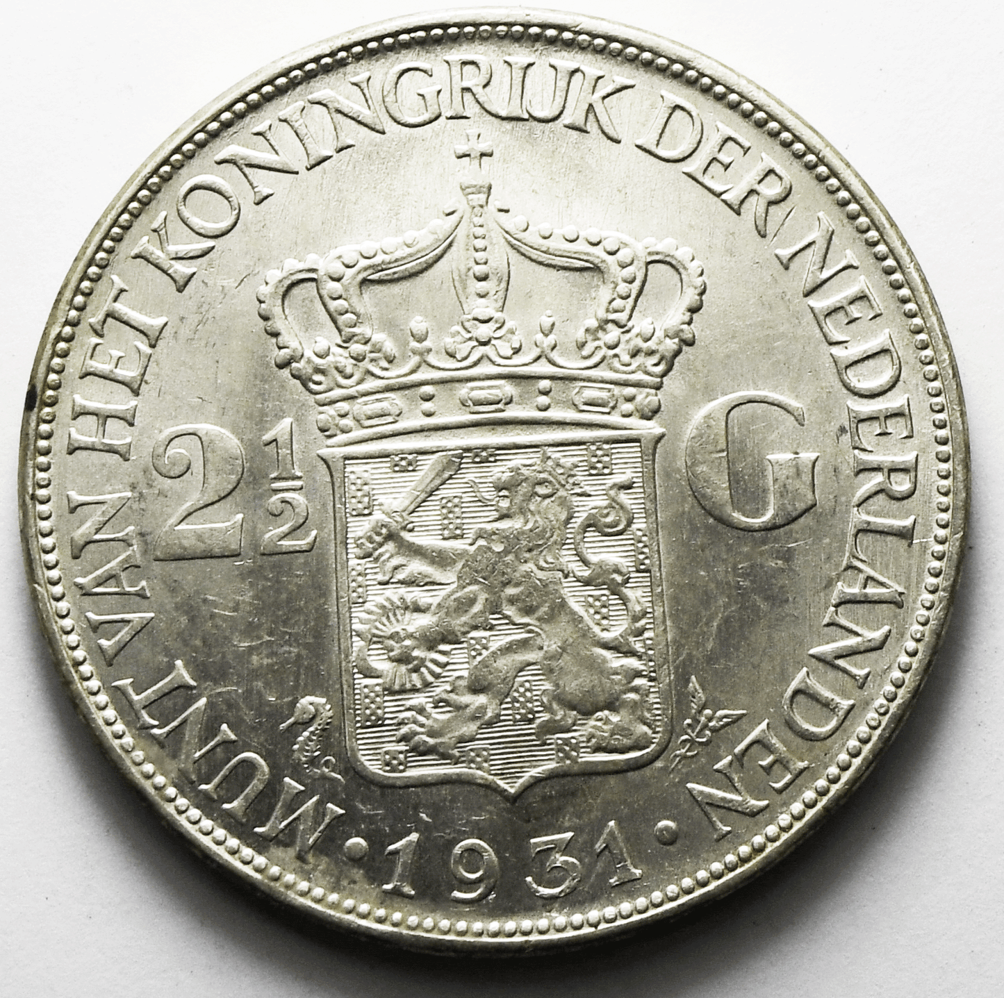 1931 Netherlands 2-1/2 Gulden Silver Coin KM# 165 Uncirculated