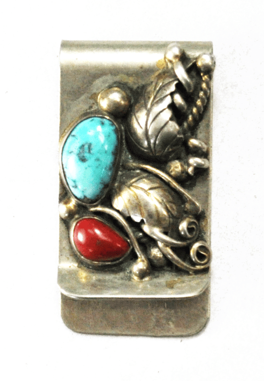 Sterling Turquoise Coral Floral Della Presley Curley Money Clip 2" x 1"