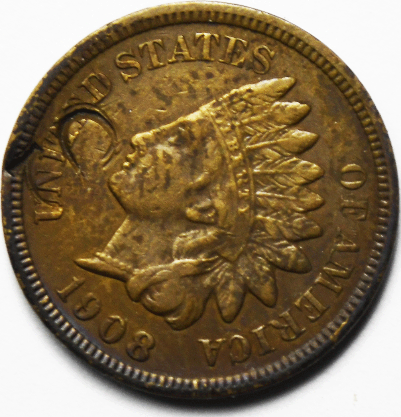 1908 S 1c Indian Head Penny One Cent US San Francisco S Countermark Stamp