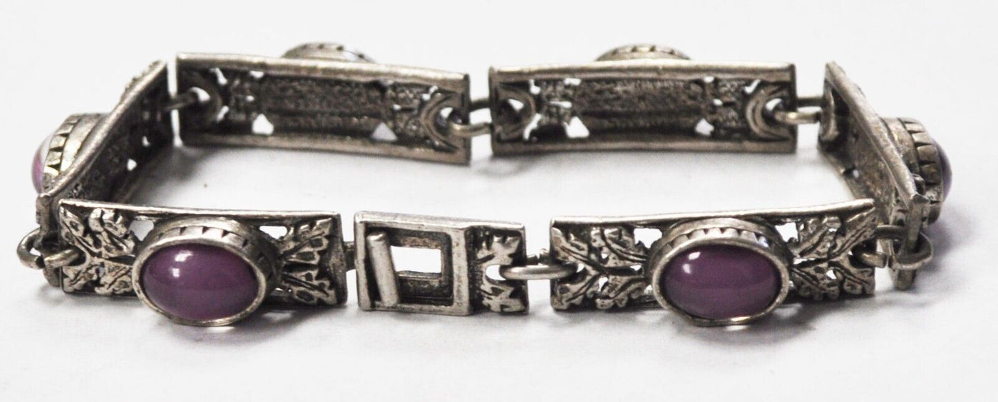 Miracle Britain Silver Tone Purple Glass Filigree Floral Bracelet 9mm 7-1/2"