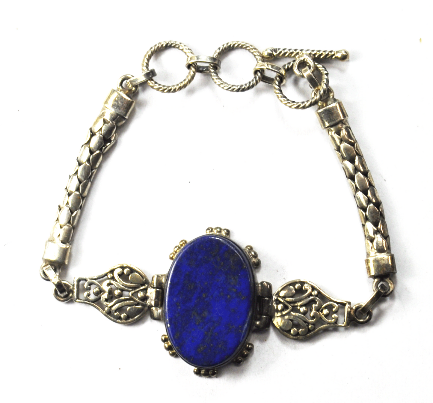 Sterling Silver Oval Blue Lapis Floral Dot Chain Toggle Bracelet 29mm