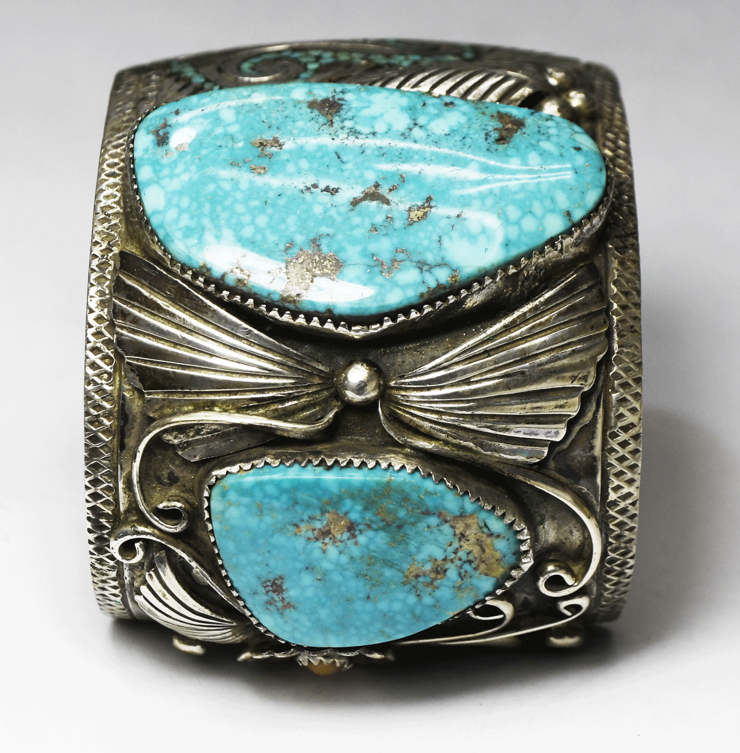 Sterling Large Turquoise Coral Inlay Floral Cuff Bracelet 52mm 7-1/4" Wrist 144g