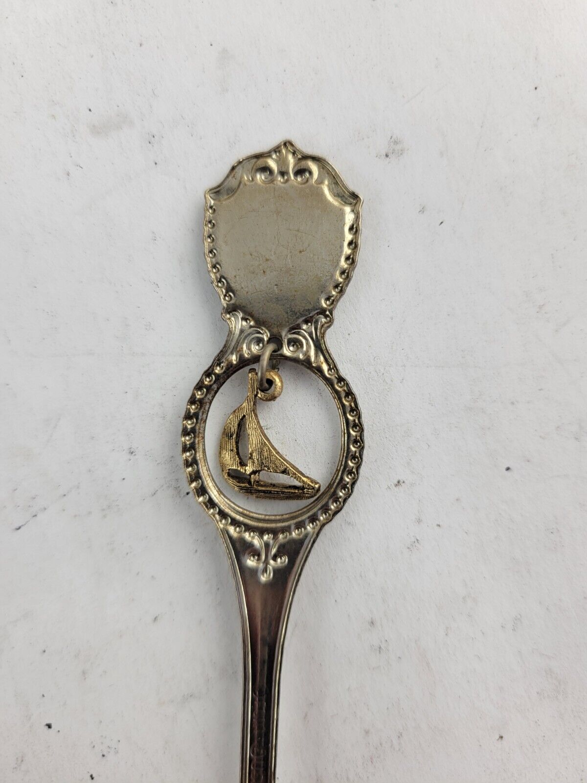 Vintage Souvenir Spoon New Jersey Enameled Gold Tone Sailboat Newark Trenton
