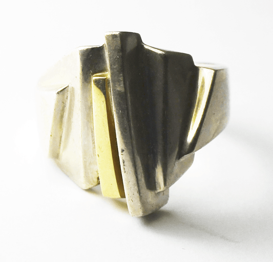 Sterling Silver Ruff Two Tone Stepped Modernist 19mm Ring Size 9
