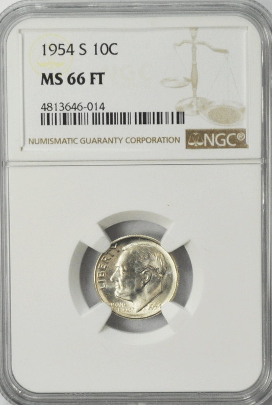 1954 S/S 10c Roosevelt Silver Dime NGC MS66 FT BU San Francisco