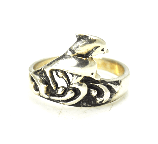 Sterling Silver Double Leaping Dolphin Over Water 15mm Size 8 Ring Aquatic Sea