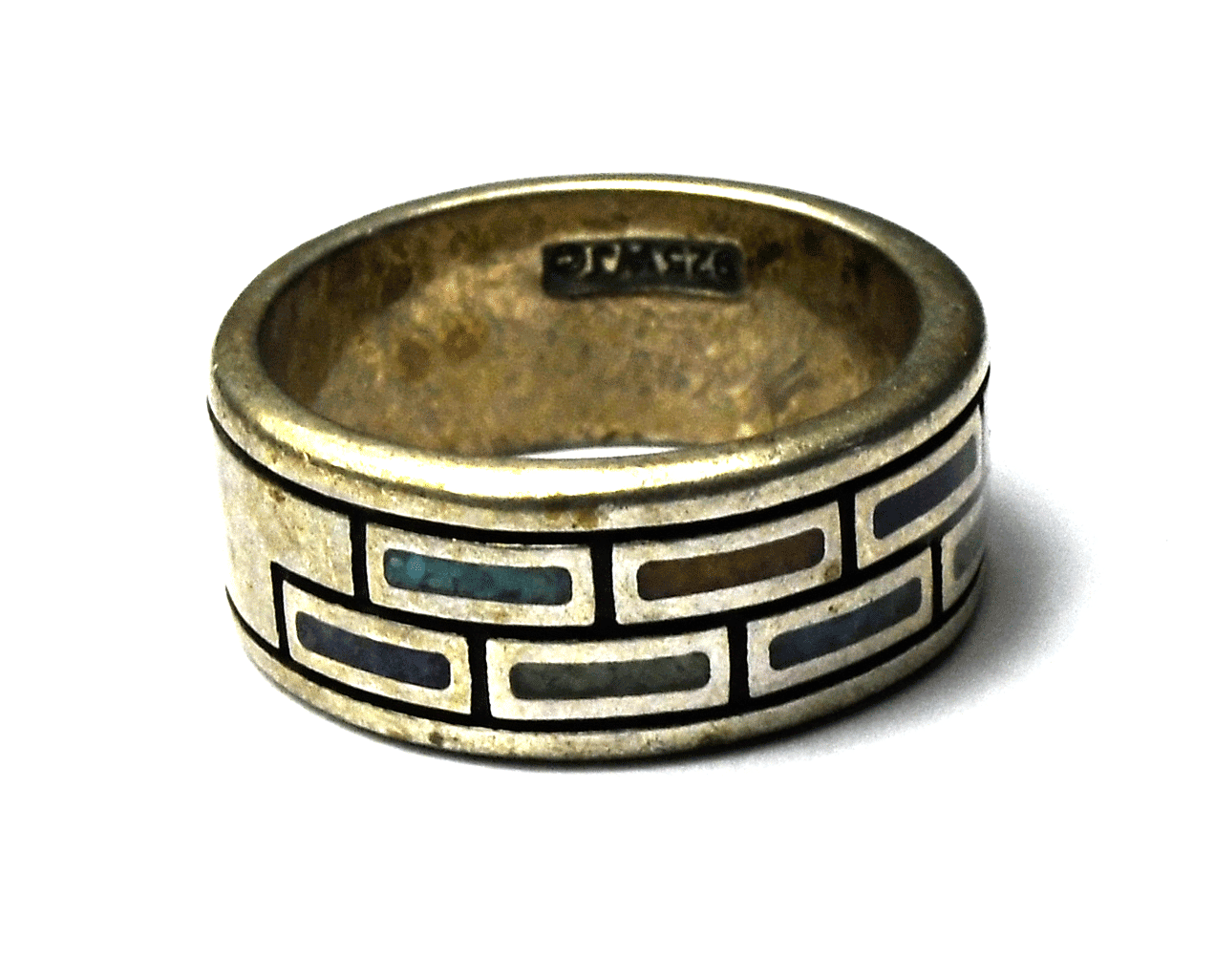 Sterling Waldeck Johnson Chip Inlay Brick Rectangle Ring 14mm Band Size 8
