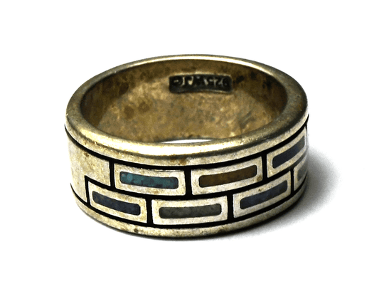 Sterling Waldeck Johnson Chip Inlay Brick Rectangle Ring 14mm Band Size 8