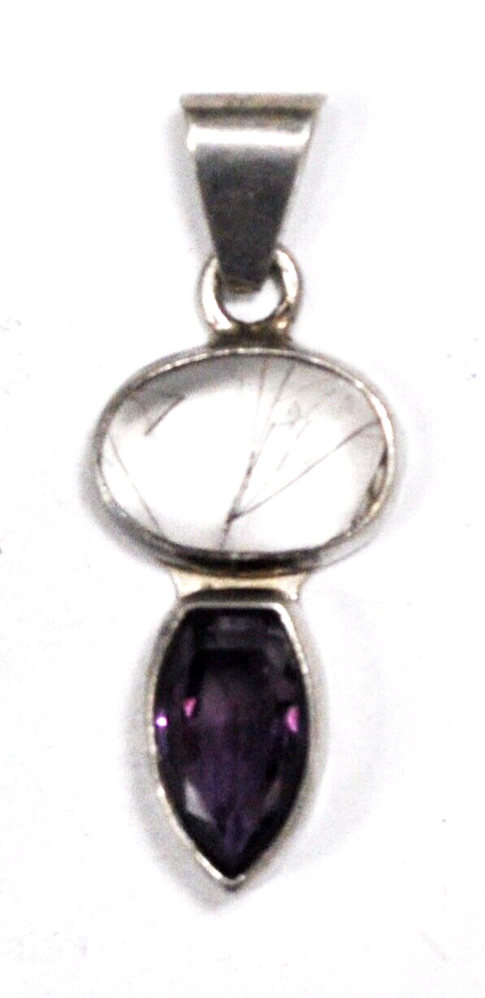 Sterling Silver Rutilated Quartz Amethyst Pendant 47mm x 19mm