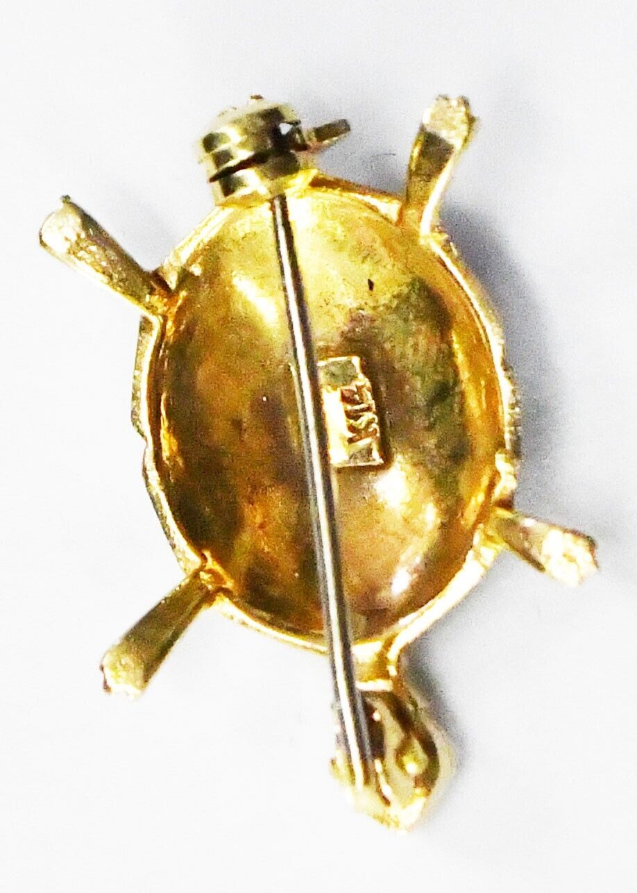 14k Yellow Gold Green Enamel Turtle Brooch Pin 25mm x 18mm