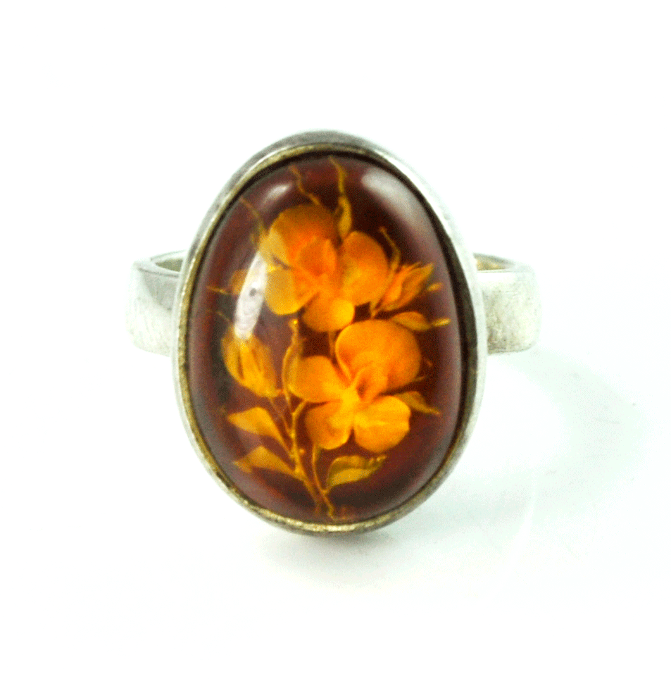 Sterling Floating Flowers Encased Solitaire Cocktail Ring 20mm Oval Sz 7.5