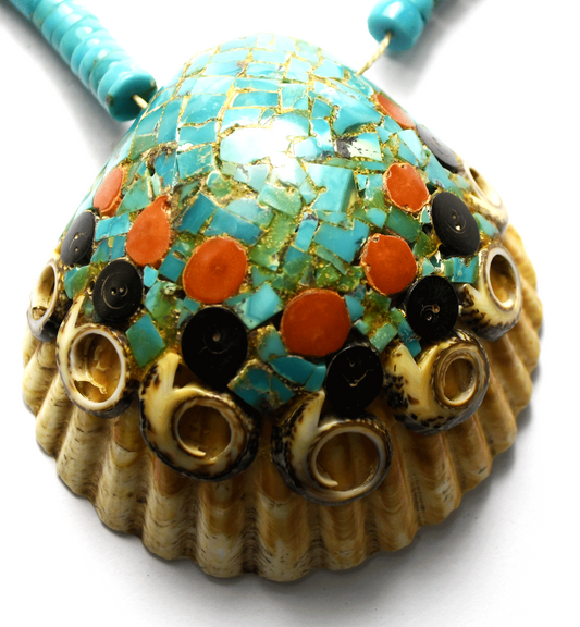 Sterling Turquoise Coral Inlay 2-3/4" Shell Pendant 8mm Bead 16.5" Necklace