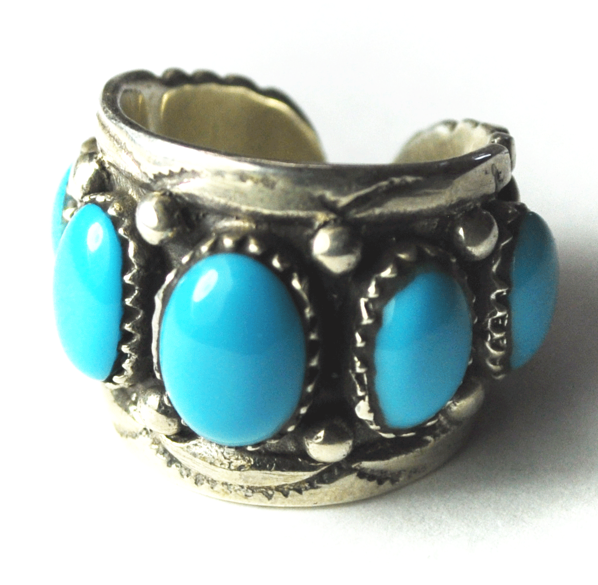 Sterling Silver Princess Turquoise 5 Stone Bee Open Cuff Ring 21mm Size 8