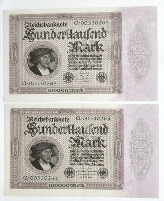 1923 100000 Sequential Marks Germany Currency Notes Q00530264 & 265 AU