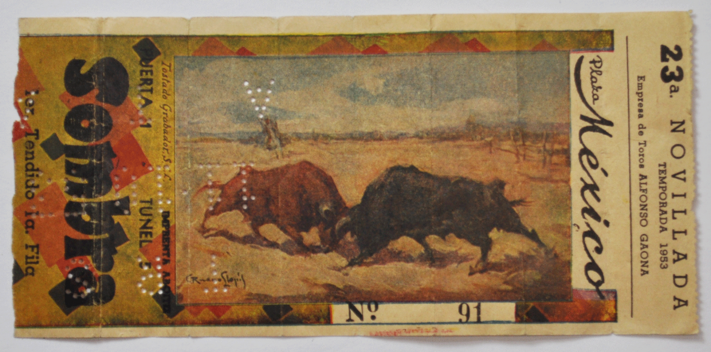 Temporada 1953 Plaza Mexico Novillada Bull Fighting Ticket Sombra TRS 11-10-53