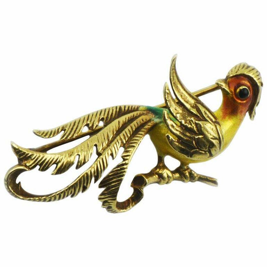 Vintage German 14kt Yellow Gold Enameled Bird of Paradise Pin Brooch