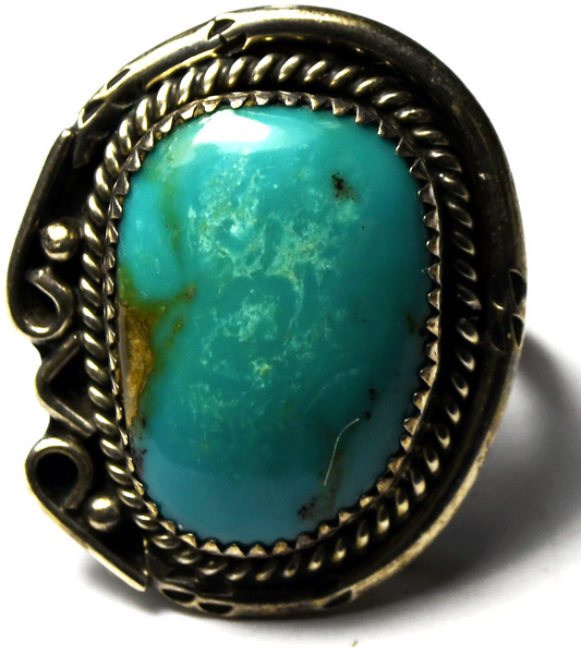 Sterling Silver Signed H Arrow Turquoise Solitaire Ring 31mm Size 7
