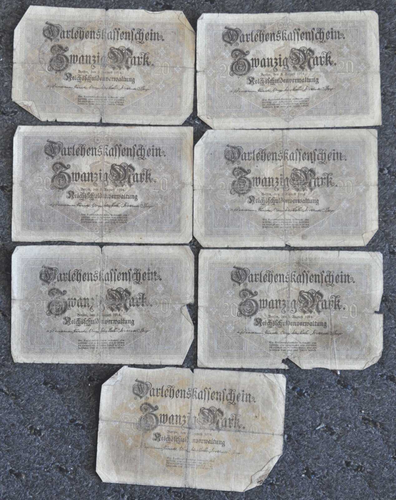 Lot of 9 1914 Germany 20 Twenty Mark State Loan Currency 1-6 Digit 8-7 Digit