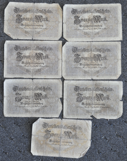 Lot of 9 1914 Germany 20 Twenty Mark State Loan Currency 1-6 Digit 8-7 Digit