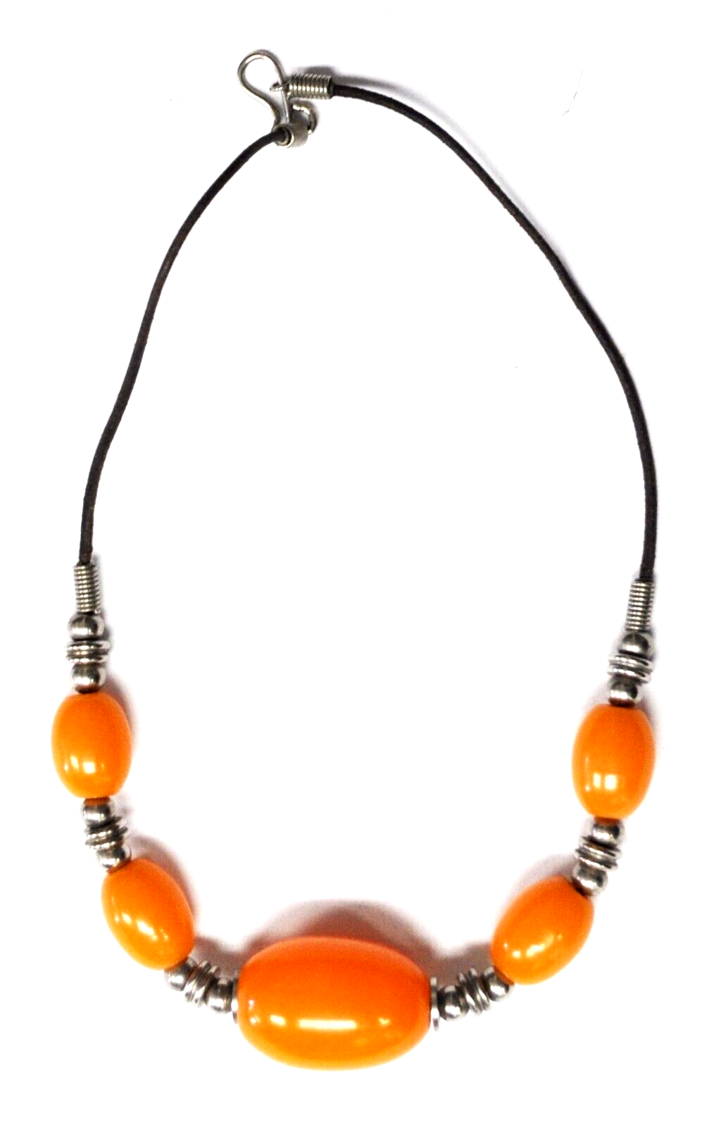 Silver Plated Oval Amber 24mm Bead 19' Brown Leather Cord Necklace