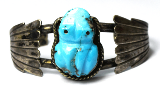 Sterling Striped Hooded Cuff Turquoise Frog Fetish Bracelet 6.5" Wrist 32mm