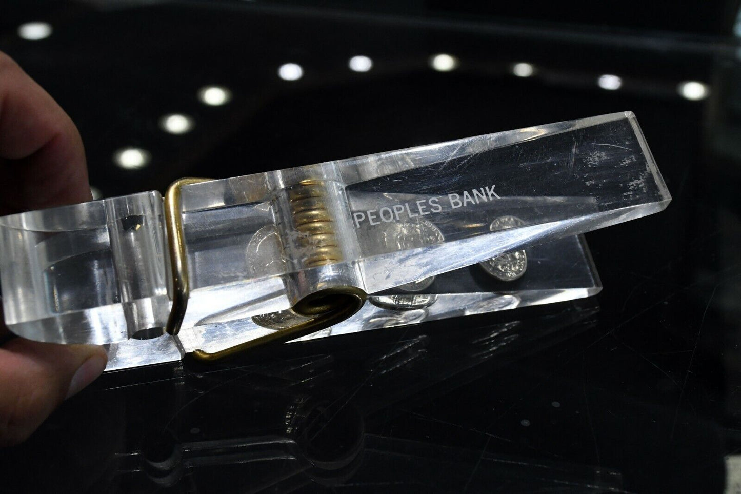 1960's Giant Clothesline Pin Paperweight The Peoples Bank 6 1/4" Silver Quarter