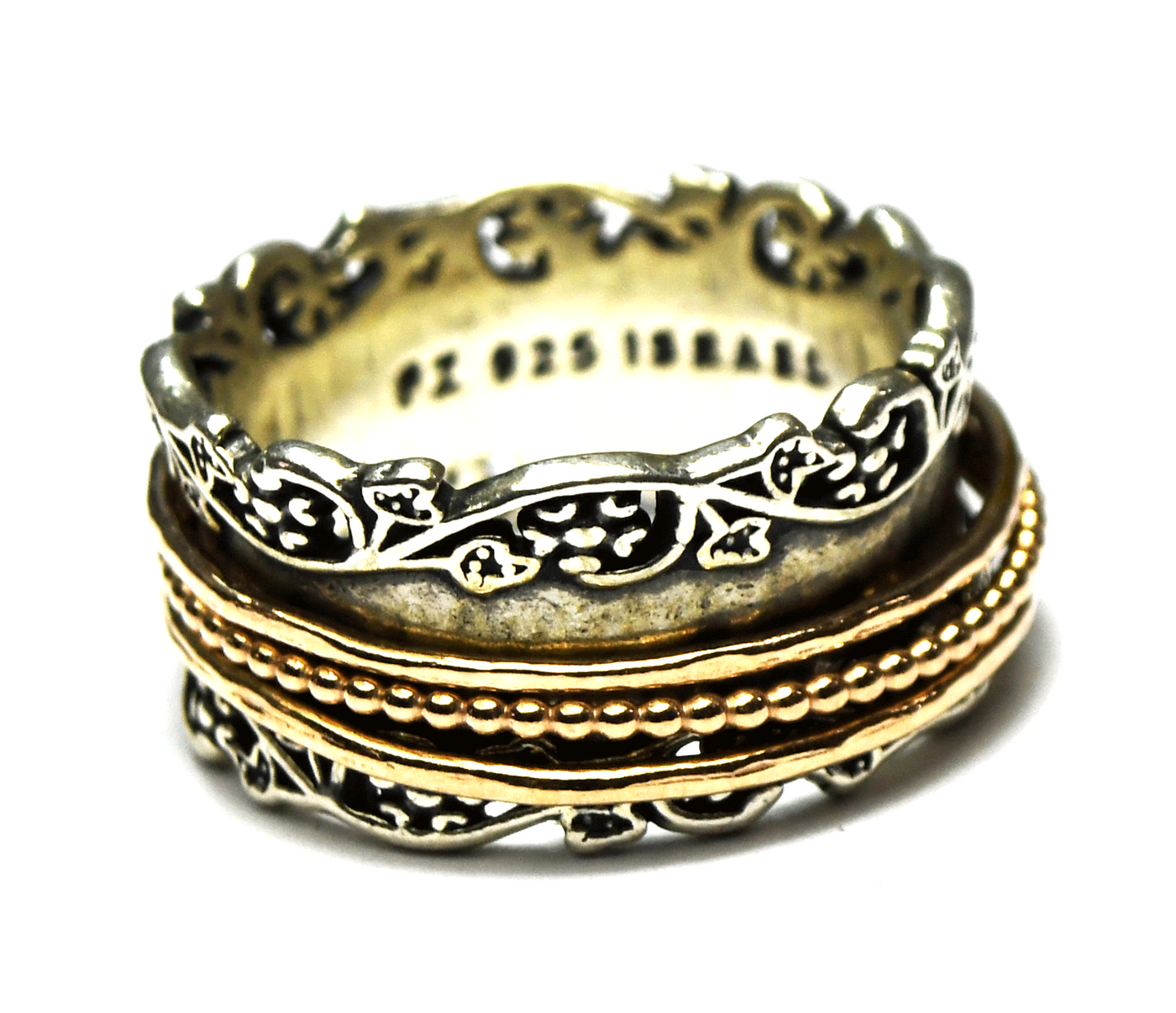 Sterling Silver Or Paz Two Tone Spinner Vine Edge Ring 12mm Size 11
