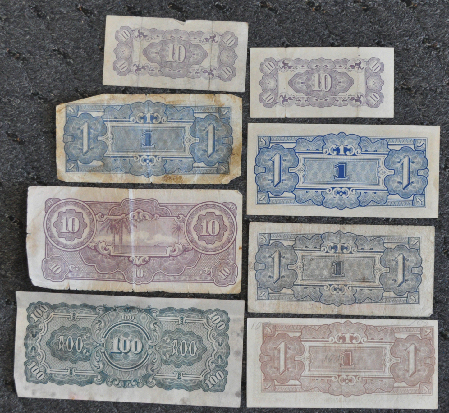 8 Japan 100 Rupees Een Gulden Tien Cents One Dollar One Schilling Notes WWII
