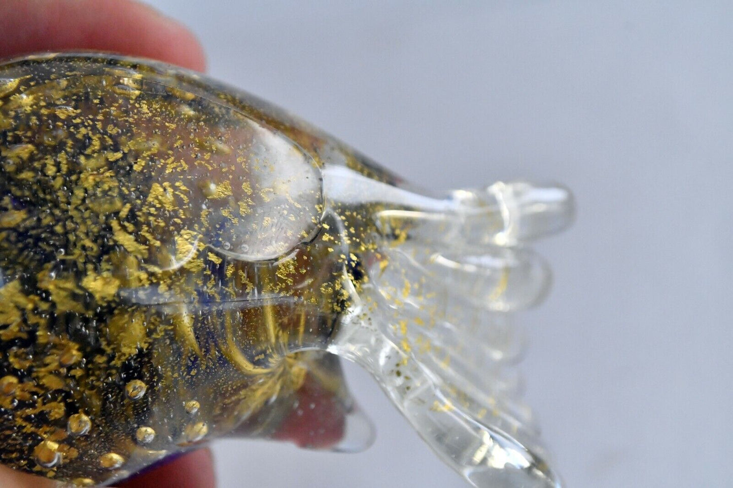 Set of 2 Hand Made Glass Songbirds Blue and Gold Flake 3 3/4" from Tail to Beak