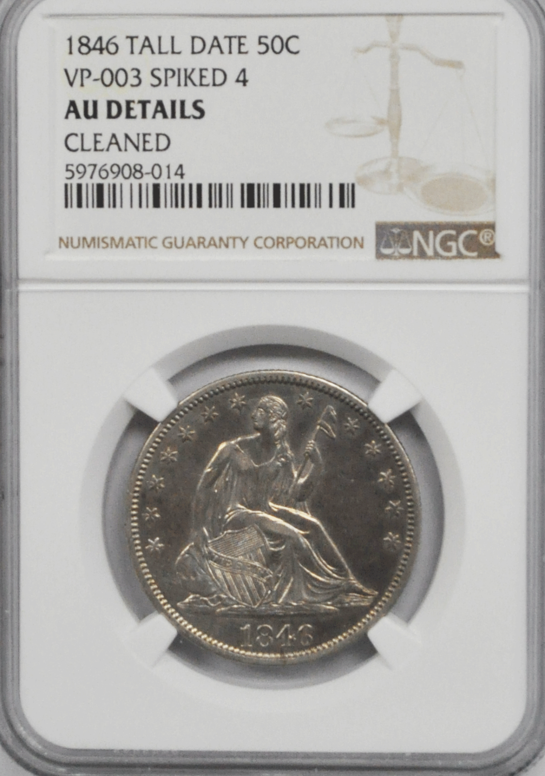 1846 50c Seated Silver Half Dollar NGC AU Details Tall Date Spiked 4 VP-003
