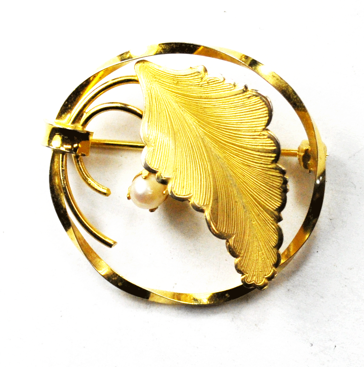 Antique Gold Filled CR Co Leaf Pearl Round  Twist Brooch Pin 35mm