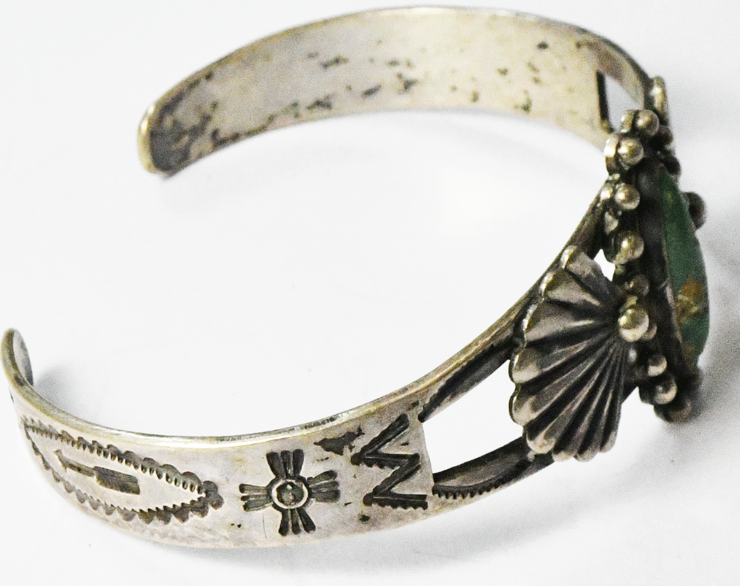 Antique Sterling Silver Green Turquoise Fan Edge Cuff Bracelet 24mm 6-1/2" Wrist