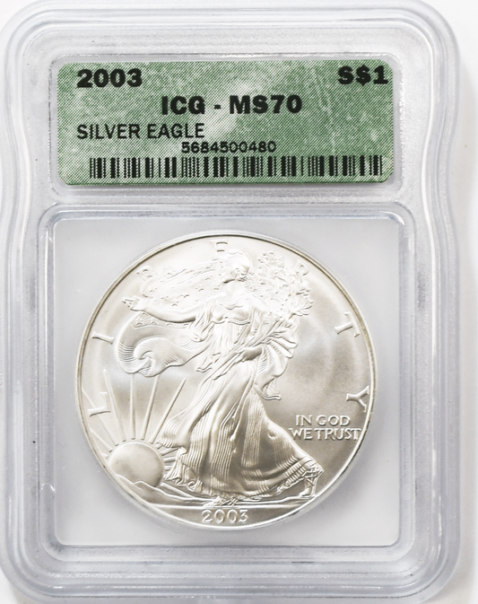 2003 $1 American Silver Eagle Silver Dollar ICG MS70