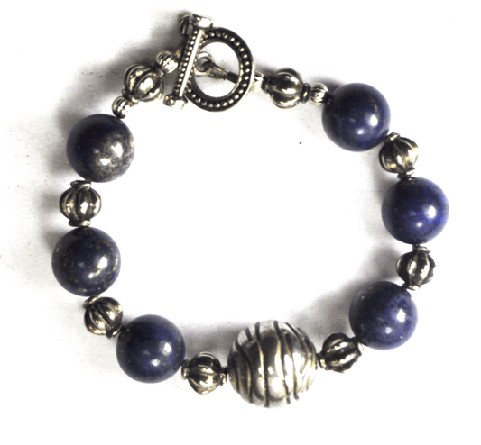 Silver Plate Blue Ball Stripe Sphere Bead Toggle Bracelet 16mm 8"