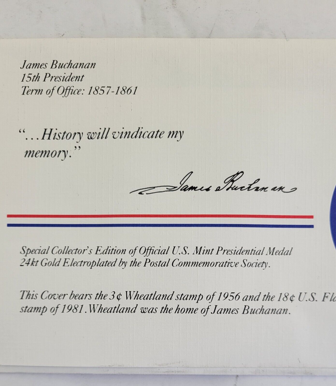 J Buchanan Presidential Covers Medal Postal Commemorative Society Gold Plated