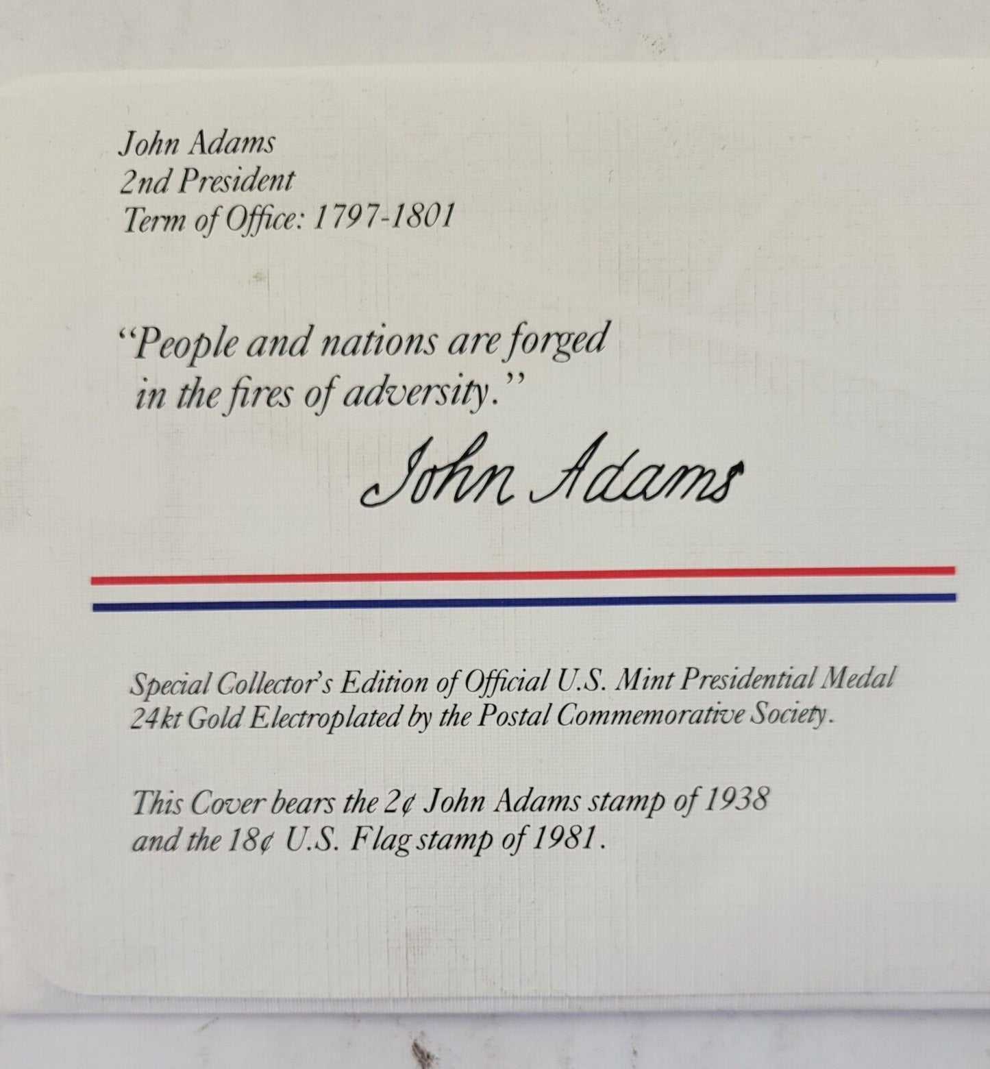 John Adams Presidential Covers Medal Postal Commemorative Society Gold Plated