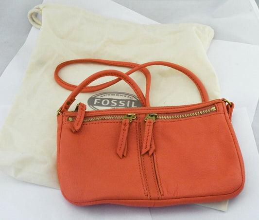 Fossil ELISE Coral Pink Double Zip Leather Crossbody Purse Handbag 10 x 6 1/2"