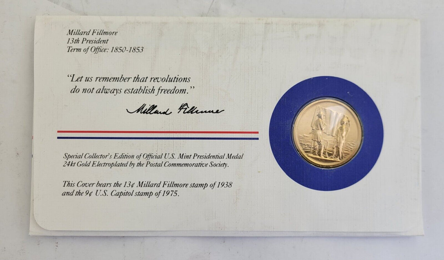 M Fillmore Presidential Covers Medal Postal Commemorative Society Gold Plated