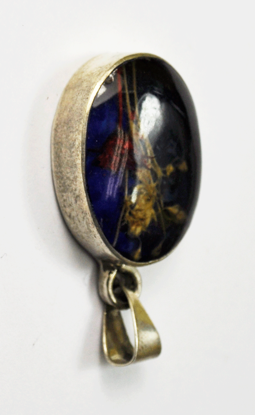 Sterling Oval Glass Floating Wheat Flower Blue Shadow Box Pendant 1.5" 20mm