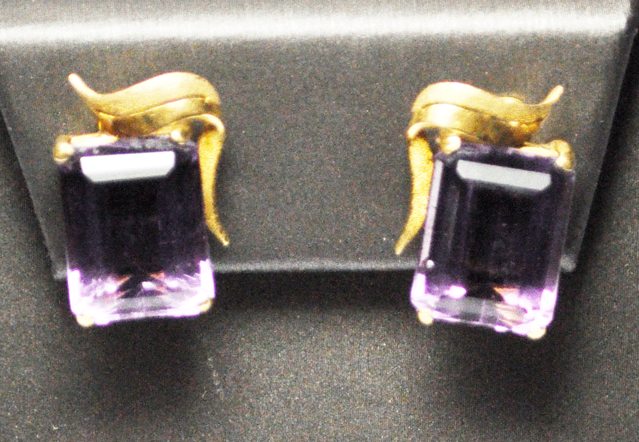 18k Floral 11mm x 14mm Rectangle Amethyst Clip on Omega Earrings 20mm