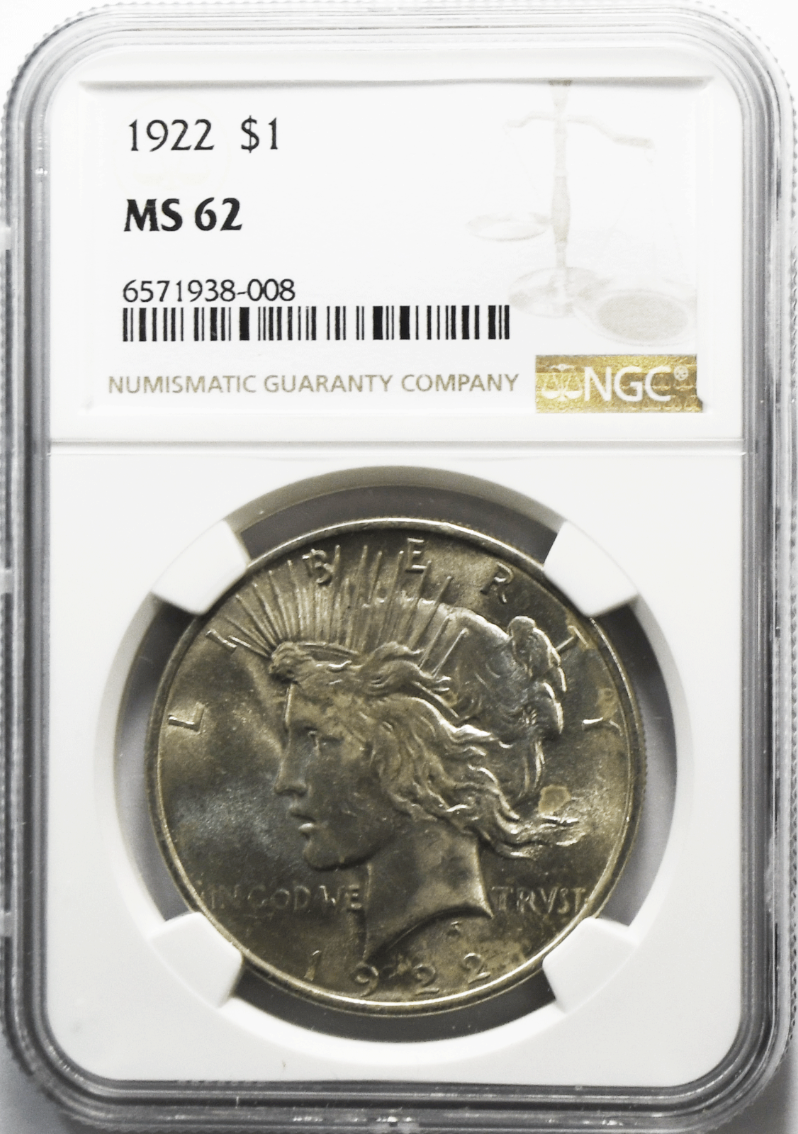 1922 $1 Peace Silver One Dollar US NGC MS62 Philadelphia Brilliant Uncirculated